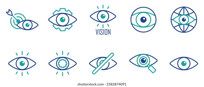 Business vision thin line icon vector set. Containing search, look, eye view, searching, telescope, blind, find setting, target, watching, eyesight, visibility, see, observe, spy, investigate, stock.