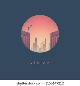 Business vision vector concept with businessman standing on skyscraper with corporate skyline in background. Symbol of future, leadership, mission, objectives, success. Eps10 vector illustration.