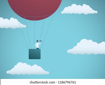 Business vision vector concept with businessman flying in hot air balloon in the sky. Symbol of business vision, leadership, mission, adventure. Eps10 vector illustration.