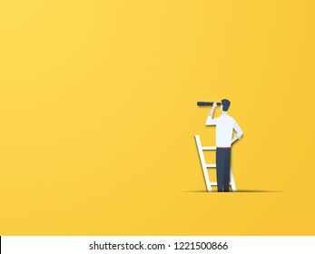 Business vision vector concept with businessman on a ladder with telescope. Modern paper cutout style. Symbol of visionary, leader, leadership concept, ambition, motivation. Eps10 vector illustration.
