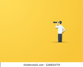 Business vision vector concept with businessman with telescope. Modern paper cutout style. Symbol of business visionary, leader, leadership concept, ambition and motivation. Eps10 vector illustration.