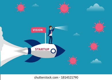 Business vision vector concept: Businessman flying with a  startup rocket with vision flag while looking at coronavirus through the telescope