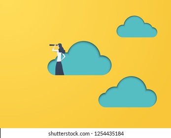 Business vision vector concept with businesswoman and telescope. Symbol of business visionary, leader, leadership concept, ambition and motivation. Eps10 vector illustration.