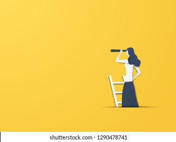 Business vision vector concept with businesswoman on ladder with telescope. Symbol of new beginning, visionary, leadership, opportunity, ambition, success and motivation. Eps10 vector illustration.