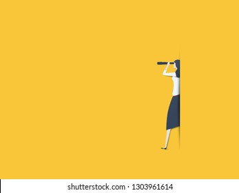 Business vision vector concept with businesswoman with telescope. Symbol of new beginning, visionary, leadership, opportunity, ambition, success and motivation. Eps10 vector illustration.