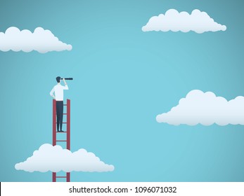 Business vision vector concept with business man standing on top of ladder above clouds. Symbol of new opportunities, career ladder, visionary, success, promotion. Eps10 vector illustration.