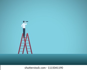 Business vision vector concept with business man standing on top of ladder. Symbol of visionary, challenges, career progress, growth, new opportunities. Eps10 vector illustration.