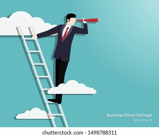 Business vision vector concept with business man standing on top of ladder above clouds. Symbol of new opportunities, Career ladder, Visionary, Success. Vector illustration flat design
