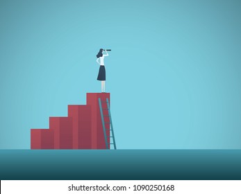 Business vision vector concept with business woman standing on top of increasing chart. Symbol of career ladder, visionary, leadership, strategy, success, promotion. eps10 vector illustration.