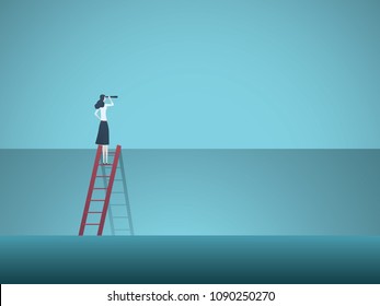 Business Vision Vector Concept With Business Woman Standing On Top Of Ladder Above Wall. Symbol Of Overcoming Obstacles, Challenges, Breaking Barriers, New Opportunities. Eps10 Vector Illustration.