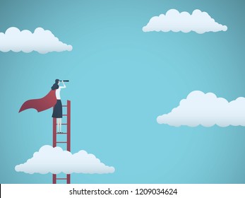 Business vision vector concept with business woman standing on top of ladder above clouds. Symbol of new opportunities, career ladder, visionary, success, promotion. Eps10 vector illustration.