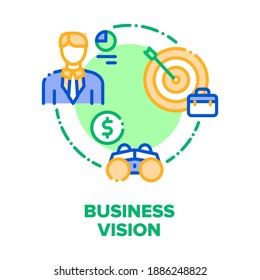 Concepto de icono del vector de visión de negocio. Objetivo Comercial Y Planificación Financiera, Estrategia Y Contabilidad, Inversión Y Gestión, Motivación Y Decisión. Ilustración de color de la misión de la empresa