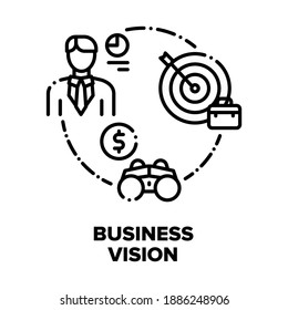 Business Vision Vektor Icon Konzept. Geschäftsziele und Finanzplanung, Strategie und Rechnungslegung, Investitionen und Management, Motivation und Entscheidung. Schwarze Illustration der Unternehmensmission