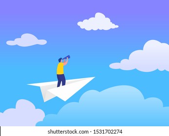 Business vision vector illustration concept, flat character standing on paper plane with binocular, people achieving goal
can use for, landing page, template, ui, web, homepage, poster, banner, flyer