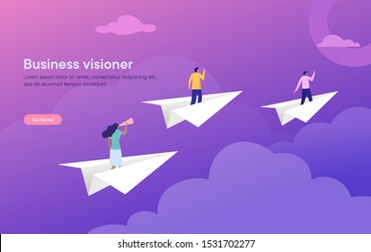 Business vision vector illustration concept, flat character standing on paper plane with binocular, people achieving goal
can use for, landing page, template, ui, web, homepage, poster, banner, flyer
