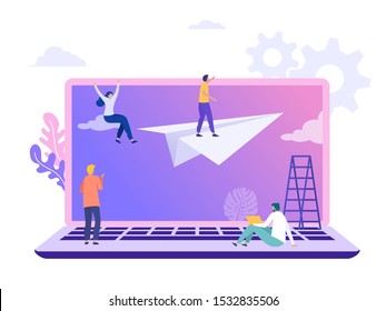 Business vision vector illustration concept, flat character standing on paper plane with binocular, people achieving goal 