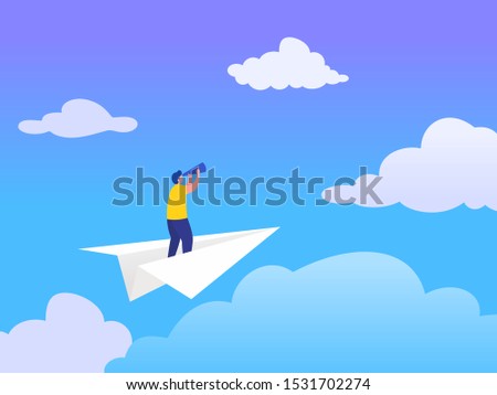 Business vision vector illustration concept, flat character standing on paper plane with binocular, people achieving goal
can use for, landing page, template, ui, web, homepage, poster, banner, flyer