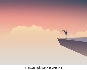 Business Vision Or Visionary Concept With Businessman Standing On A Cliff, Looking Through Monocular Into The Future. Eps10 Vector Illustration.