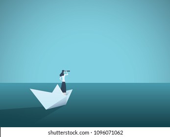 Business vision or visionary vector concept with businesswoman on paper boat with telescope. Symbol of woman leader, succes, ambition, leadership, future. Eps10 vector illustration.