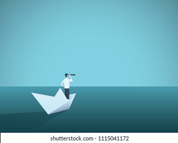 Business vision or visionary vector concept with businesswoman on paper boat with telescope. Symbol of woman leader, succes, ambition, leadership, future. Eps10 vector illustration.