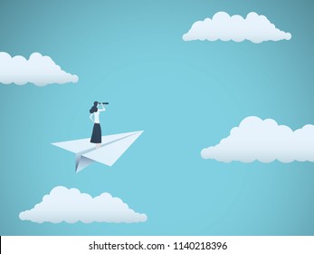Business vision or visionary vector concept with businesswoman on paper plane with telescope. Symbol of woman leader, succes, ambition, leadership, future. Eps10 vector illustration.