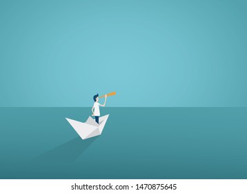 Business vision or visionary vector concept with businesswoman on paper boat with telescope. Symbol of woman leader, success, ambition, leadership, future.