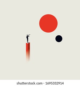 Business vision and visionary vector concept. Businessman with telescope in space, powerful imagination. Minimalist art design. Eps10 illustration.