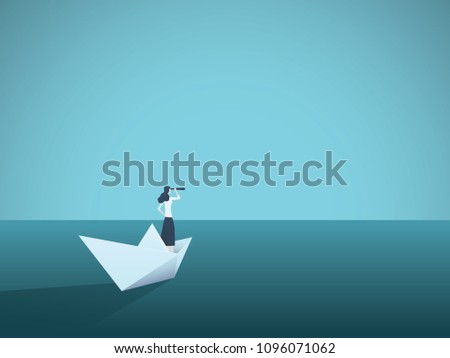 Business vision or visionary vector concept with businesswoman on paper boat with telescope. Symbol of woman leader, succes, ambition, leadership, future. Eps10 vector illustration.