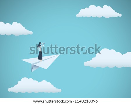 Business vision or visionary vector concept with businesswoman on paper plane with telescope. Symbol of woman leader, succes, ambition, leadership, future. Eps10 vector illustration.