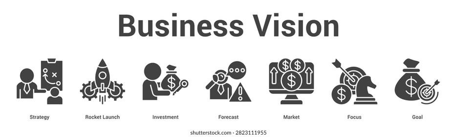 Business Vision web banner icon set vector illustration concept for business with icon of Strategy, Rocket Launch, Investment, Forecast, Mark.