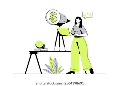 Business vision web concept with flat cartoon people for website design. Businesswoman generating new ideas and project mission, setting financial goals, getting work motivation. Vector illustration.