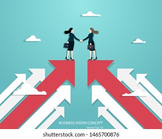 Business vision, Business women partners handshaking over business. Woman standing on red arrow up go to success in career. Concept business, Achievement, Character, Leader, Vector illustration flat