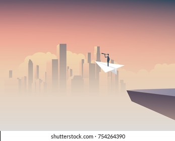 Business visionary flying on paper plane vector concept with cityscape background. Symbol of business vision, strategy, plan, ambition, motivation. Eps10 vector illustration.