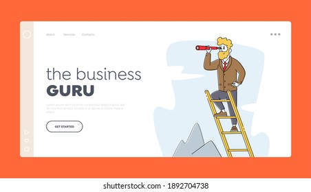 Business Visionary Forecast Prediction Landing Page Template. Businessman Character Stand on Ladder at Mountain Looking to Spyglass. Business Vision, Recruitment Employee. Linear Vector Illustration