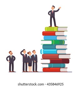 Business visionary leader and mentor speaking to group of businessman people. Standing on top of big heap of books and knowledge. Flat style vector illustration clipart.