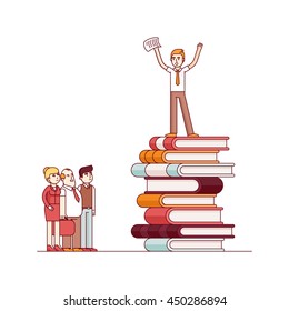 Business visionary leader and mentor speaking to group of businessman people. Standing on top of big heap of books and knowledge. Modern flat style thin line vector illustration.