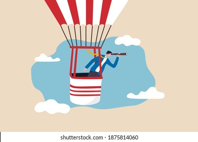 Business Visionary, Leadership To Plan To Achieve Mission Victory Or Career Path Concept, Smart Businessman Flying High On Hot Air Balloon Using Spyglass Or Telescope To See Through Business Vision.