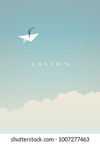 Business visionary vector concept with businessman flying on paper plane above clouds. Symbol of vision, success, opportunity and future. Eps10 vector illustration.