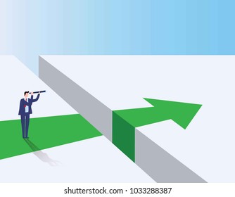 Business visionary vector concept.
businessman looking with telescope over gap.
Business challenge, future symbol.
Vector flat cartoon character design illustration.