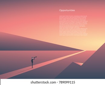 Business visionary vector concept with businessman visionary looking through telescope at horizon. Sunset landscape, symbol of opportunity, new beginning, start of career, job. Eps10 vector