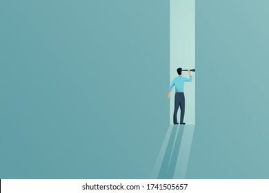 Business visionary and vision vector concept with entrepreneur in door with telescope. Symbol of motivation, ambition, achievement and career opportunity. Eps10 illustration.