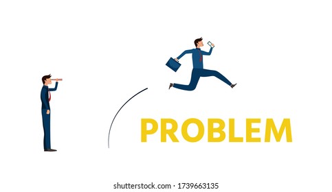 Business vision,Businessman carrying office bag and money are jumping over problem lettering,another one standing and  looking,Cute character,Pink cheek,Rosy cheek,vector illustration for graphic 