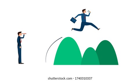 Business vision,Businessman carrying office bag and money are jumping over hill,another one standing and  looking,Cute character,Pink cheek,Rosy cheek,vector illustration for graphic design,website