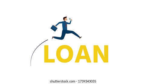Business vision,Businessman carrying office bags and money are jumping over the loan lettering,Cute character,Pink cheek,rosy cheek,Vector illustration for graphic design,website or banner