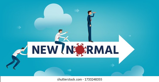 Business vision,What new normal lifestyle concept,After coronavirus outbreak,Businessman point in the direction he was heading,One person sit on the arrow,One person holds a telescope and looks ahead