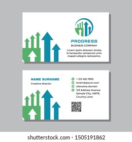 Business visit card template with logo - concept design. Progress sign. Arrows growth market exchange brand. Vector illustration. 