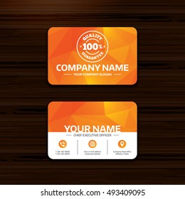 Business or visiting card template. 100% quality guarantee sign icon. Premium quality symbol. Phone, globe and pointer icons. Vector