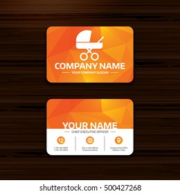 Business or visiting card template. Baby pram stroller sign icon. Baby buggy. Baby carriage symbol. Phone, globe and pointer icons. Vector