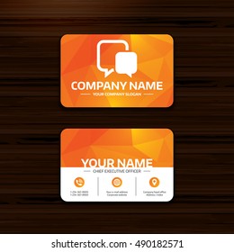 Business or visiting card template. Chat sign icon. Speech bubble symbol. Communication chat bubble. Phone, globe and pointer icons. Vector