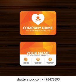 Business or visiting card template. Chef hat sign icon. Love Cooking symbol. Cooks hat with fork and spoon. Phone, globe and pointer icons. Vector
